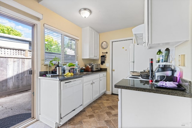 50 S A St, Santa Rosa, CA 95401 - kitchen with white appliances, white cabinets, and stone finish flooring