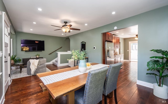 225 Berna Ave, Napa, CA 94559 - dining room featuring a ceiling fan, stairway, dark wood finished floors, recessed lighting, and baseboards