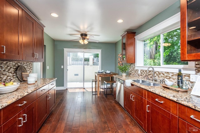 225 Berna Ave, Napa, CA 94559 - kitchen with dishwasher, a sink, backsplash, ceiling fan, and recessed lighting