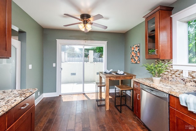 225 Berna Ave, Napa, CA 94559 - kitchen featuring stainless steel dishwasher, plenty of natural light, decorative backsplash, and dark wood-style flooring