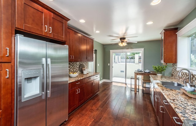 225 Berna Ave, Napa, CA 94559 - kitchen with stainless steel fridge, a sink, a ceiling fan, plenty of natural light, and recessed lighting
