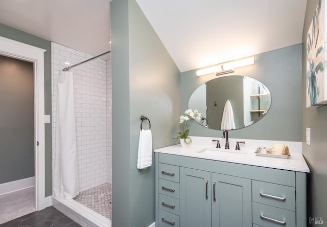 225 Berna Ave, Napa, CA 94559 - full bathroom featuring vanity, tiled shower, vaulted ceiling, tile patterned flooring, and baseboards