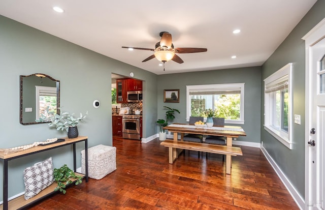 225 Berna Ave, Napa, CA 94559 - dining room featuring a ceiling fan, dark wood-style floors, recessed lighting, and baseboards