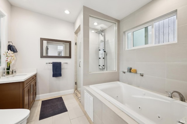 1131 W California Ave, Mill Valley, CA 94941 - full bathroom featuring a stall shower, a jetted tub, vanity, tile patterned floors, and toilet