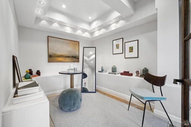 1131 W California Ave, Mill Valley, CA 94941 - sitting room with recessed lighting, baseboards, a tray ceiling, and carpet floors