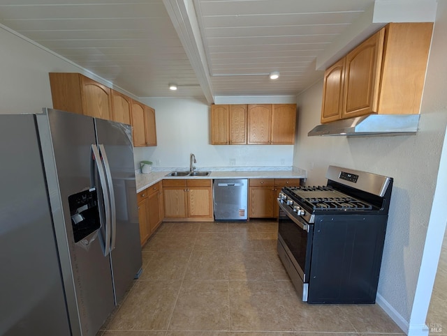 820 Fulton Ave, Vallejo, CA 94591 - kitchen featuring appliances with stainless steel finishes, under cabinet range hood, a sink, light countertops, and light tile patterned flooring