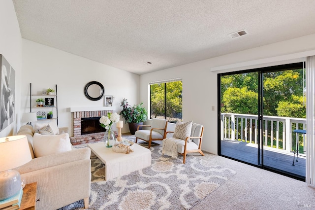 2000 Clearview Cir, Benicia, CA 94510 - living room with a textured ceiling, a brick fireplace, and carpet floors