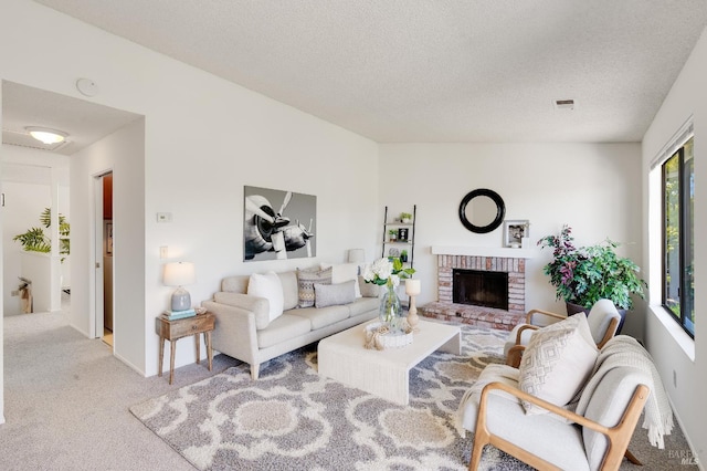 2000 Clearview Cir, Benicia, CA 94510 - living area with carpet, a brick fireplace, a textured ceiling, and baseboards
