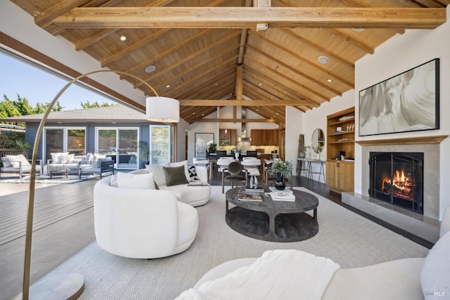 189 Seadrift Rd, Stinson Beach, CA 94970 - living room featuring wood ceiling with exposed beams, high vaulted ceiling, a glass covered fireplace, and recessed lighting