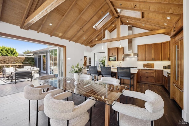 189 Seadrift Rd, Stinson Beach, CA 94970 - dining room featuring high vaulted ceiling, wooden ceiling with exposed beams, and dark wood-type flooring