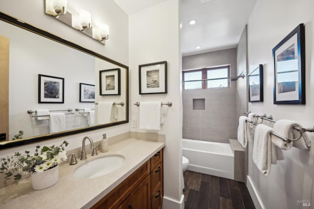 189 Seadrift Rd, Stinson Beach, CA 94970 - full bath with toilet, vanity, wood finished floors, shower / tub combination, and recessed lighting
