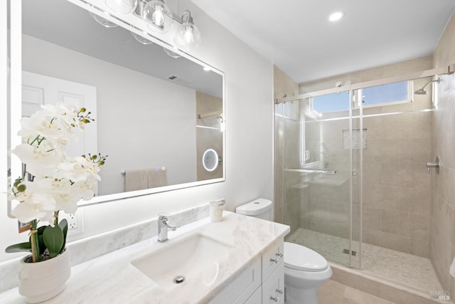 2410 Pinercrest Dr, Santa Rosa, CA 95403 - bathroom with vanity, toilet, a shower stall, and recessed lighting