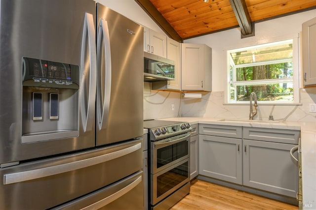 45270 Ocean View Ln, Gualala, CA 95445 - kitchen featuring appliances with stainless steel finishes, a sink, wooden ceiling, backsplash, and light wood-type flooring