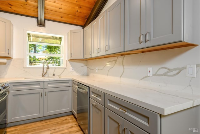 45270 Ocean View Ln, Gualala, CA 95445 - kitchen with wooden ceiling, gray cabinets, stainless steel appliances, a sink, and light wood-style flooring