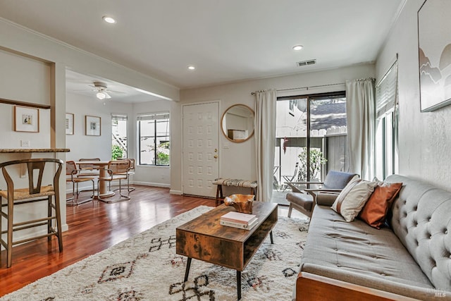 111 Cheda Ln, Novato, CA 94947 - living room featuring wood finished floors, baseboards, recessed lighting, and a ceiling fan
