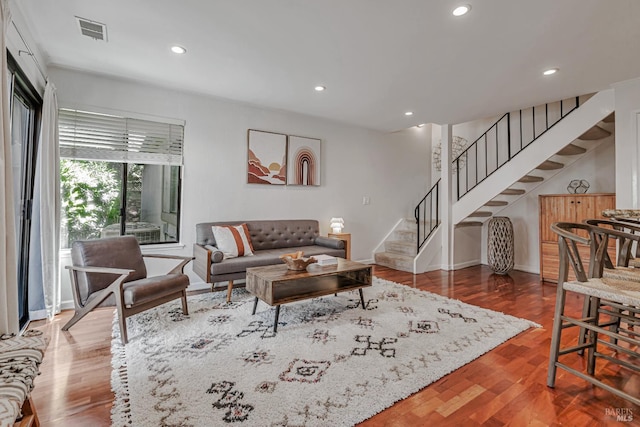 111 Cheda Ln, Novato, CA 94947 - living room with stairway, wood finished floors, recessed lighting, and baseboards