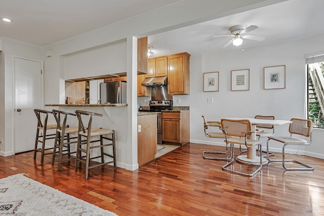 111 Cheda Ln, Novato, CA 94947 - kitchen with stainless steel appliances, under cabinet range hood, light wood-style floors, a kitchen bar, and ceiling fan