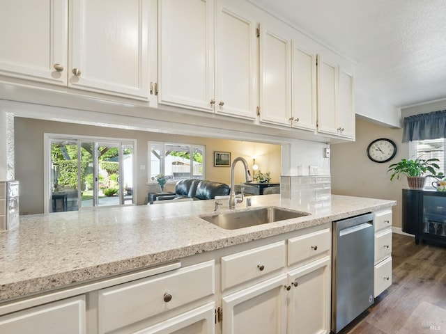1233 Lincoln St, Fairfield, CA 94533 - kitchen with dishwasher, a sink, white cabinetry, light stone counters, and dark wood-type flooring