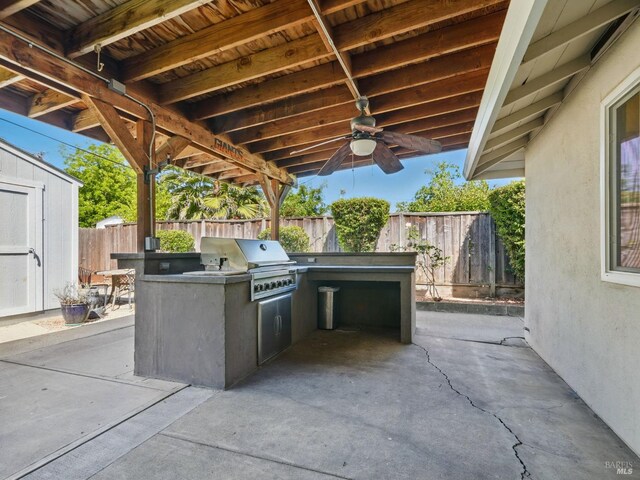 1233 Lincoln St, Fairfield, CA 94533 - view of patio / terrace with ceiling fan and a storage shed