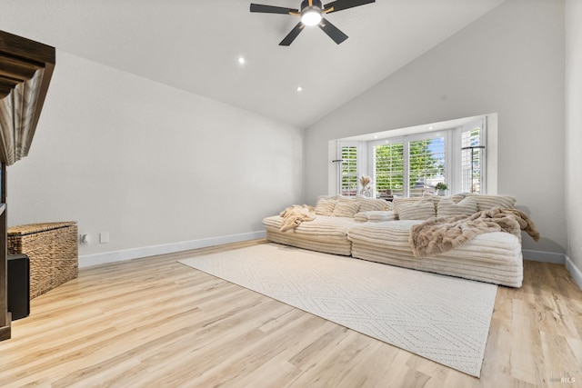 9508 Jessica Dr, Windsor, CA 95492 - living room with high vaulted ceiling, ceiling fan, baseboards, light wood-style flooring, and recessed lighting
