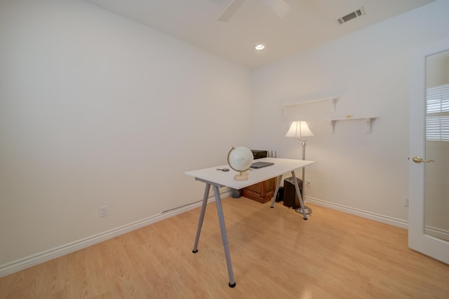 3543 Oak Shores Dr, Stockton, CA 95209 - office area featuring light wood-style flooring, baseboards, a ceiling fan, and recessed lighting