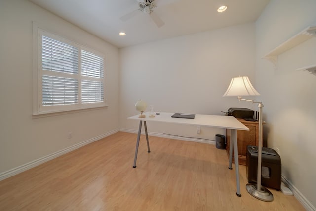 3543 Oak Shores Dr, Stockton, CA 95209 - office area featuring wood finished floors, ceiling fan, baseboards, and recessed lighting