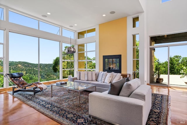 48 Longhorn Ridge Rd, Napa, CA 94558 - living area with a towering ceiling, a fireplace, and recessed lighting