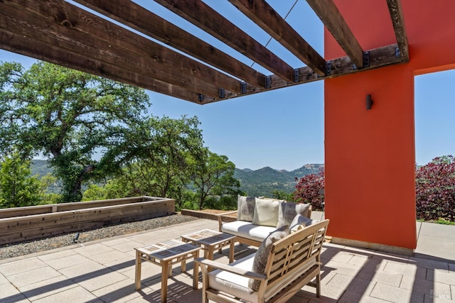 48 Longhorn Ridge Rd, Napa, CA 94558 - view of patio / terrace with a mountain view, an outdoor hangout area, and a pergola