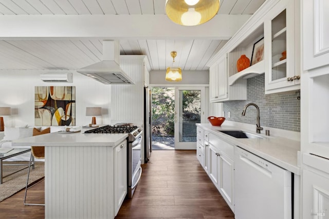 100 De La Guerra Rd, San Rafael, CA 94903 - kitchen with appliances with stainless steel finishes, a sink, premium range hood, wood ceiling with exposed beams, and a wall unit AC