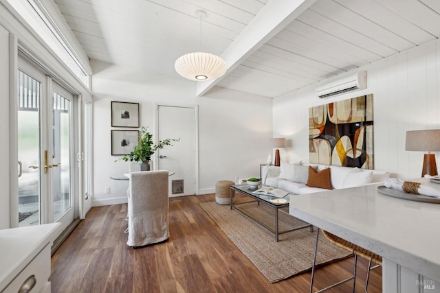 100 De La Guerra Rd, San Rafael, CA 94903 - living room featuring an AC wall unit, wood finished floors, wood ceiling with exposed beams, and baseboards