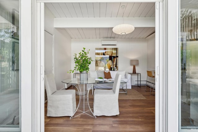 100 De La Guerra Rd, San Rafael, CA 94903 - dining area featuring a wall unit AC, dark wood finished floors, and wood ceiling with exposed beams