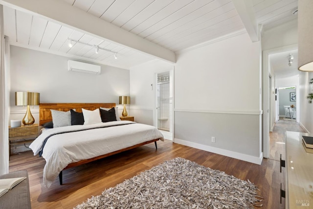 100 De La Guerra Rd, San Rafael, CA 94903 - bedroom featuring an AC wall unit, wooden ceiling with exposed beams, wood finished floors, baseboards, and rail lighting
