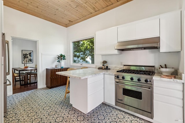 516 Howard St, Petaluma, CA 94952 - kitchen featuring designer range, extractor fan, wood ceiling, white cabinets, and a peninsula