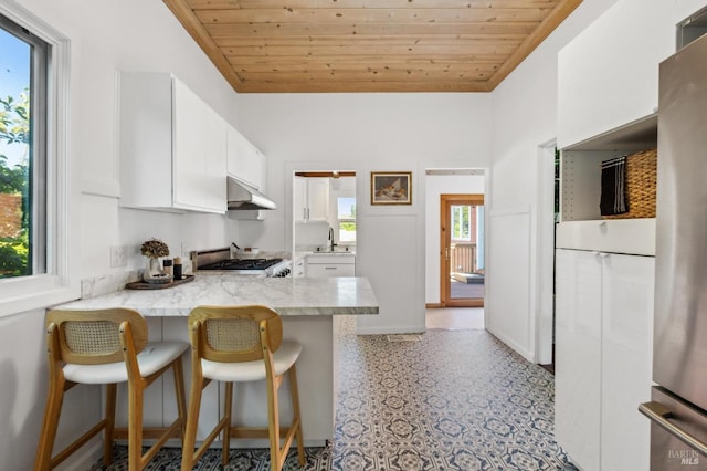 516 Howard St, Petaluma, CA 94952 - kitchen featuring under cabinet range hood, wood ceiling, stove, white cabinetry, and a sink
