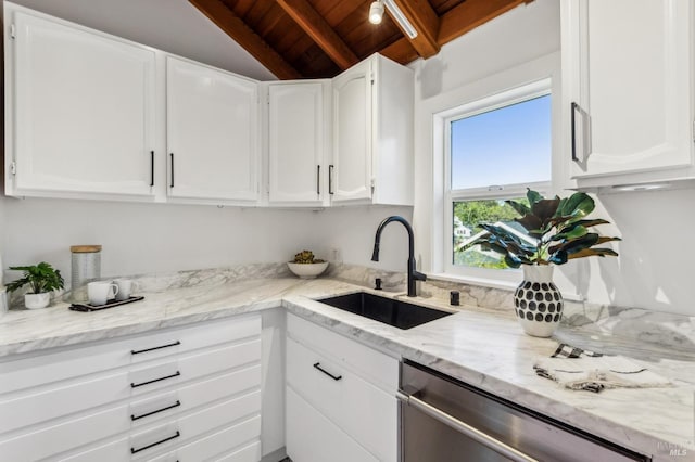 516 Howard St, Petaluma, CA 94952 - kitchen featuring dishwasher, a sink, wooden ceiling, and white cabinetry