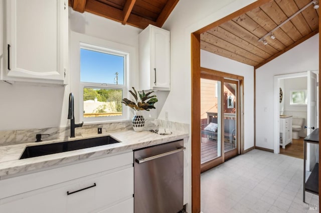 516 Howard St, Petaluma, CA 94952 - kitchen with wooden ceiling, stainless steel dishwasher, a sink, white cabinets, and light stone counters