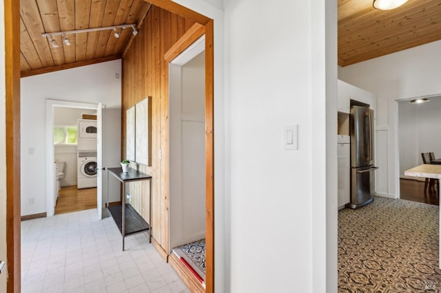 516 Howard St, Petaluma, CA 94952 - hallway featuring wood ceiling, lofted ceiling, light flooring, baseboards, and wood walls