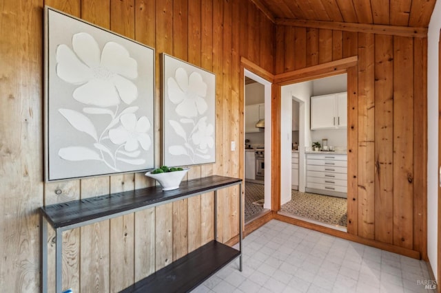 516 Howard St, Petaluma, CA 94952 - corridor with wood walls, vaulted ceiling, and wood ceiling