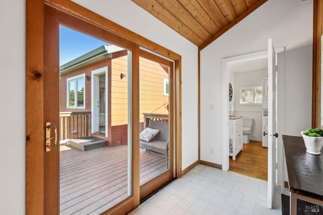 516 Howard St, Petaluma, CA 94952 - entryway with vaulted ceiling, wooden ceiling, and baseboards