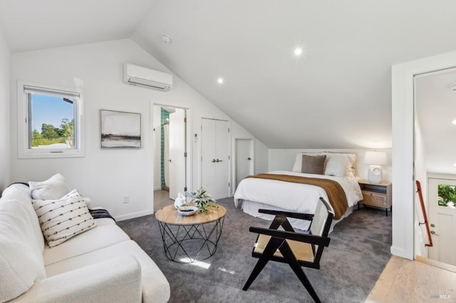 516 Howard St, Petaluma, CA 94952 - bedroom featuring an AC wall unit, vaulted ceiling, baseboards, and recessed lighting