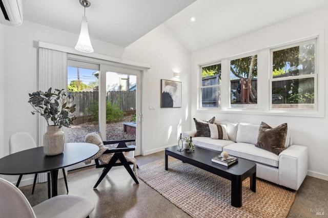 516 Howard St, Petaluma, CA 94952 - living room featuring a wall mounted air conditioner, healthy amount of natural light, lofted ceiling, baseboards, and recessed lighting
