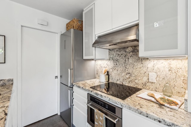 516 Howard St, Petaluma, CA 94952 - kitchen with appliances with stainless steel finishes, under cabinet range hood, white cabinets, decorative backsplash, and light stone countertops