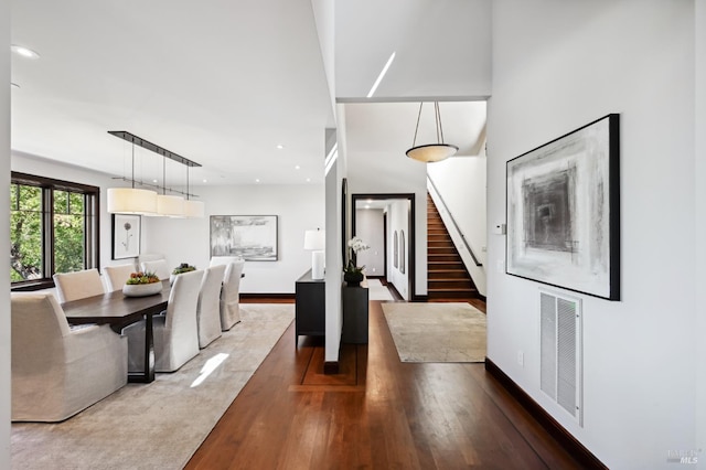 541 Oak Ave, San Anselmo, CA 94960 - dining room featuring stairs, wood finished floors, baseboards, and recessed lighting