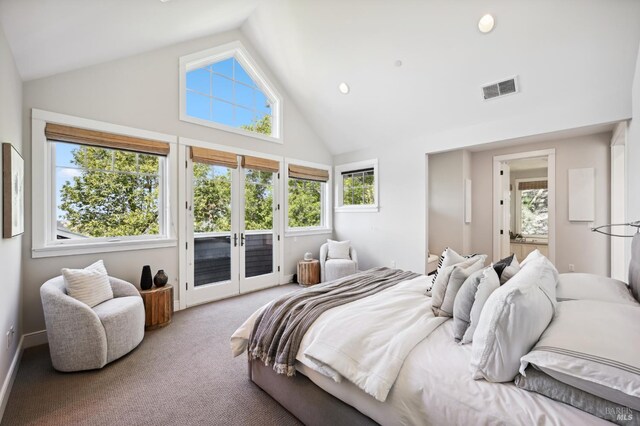 541 Oak Ave, San Anselmo, CA 94960 - carpeted bedroom featuring access to exterior, multiple windows, high vaulted ceiling, and baseboards