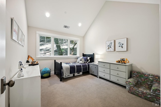 541 Oak Ave, San Anselmo, CA 94960 - carpeted bedroom with high vaulted ceiling, recessed lighting, and baseboards