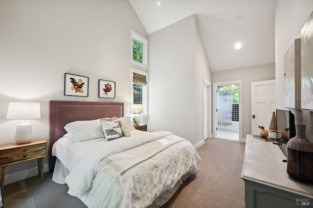 541 Oak Ave, San Anselmo, CA 94960 - bedroom featuring high vaulted ceiling, carpet floors, baseboards, and recessed lighting