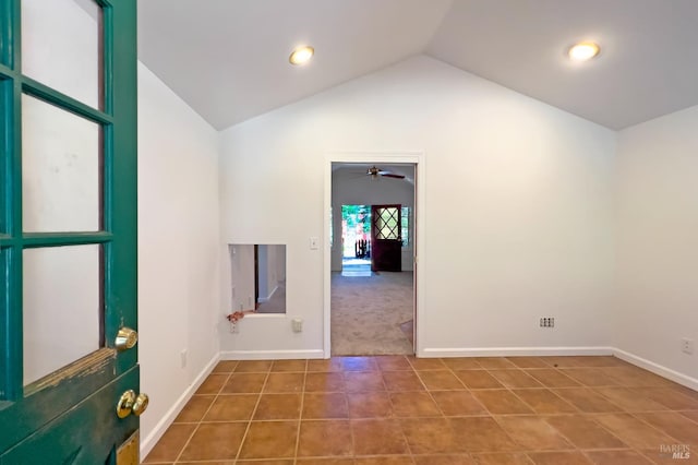 15866 Wright Dr, Guerneville, CA 95446 - unfurnished room featuring tile patterned floors, vaulted ceiling, a ceiling fan, baseboards, and recessed lighting