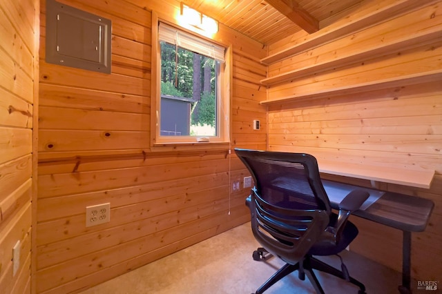 15866 Wright Dr, Guerneville, CA 95446 - office with wooden ceiling with exposed beams and wood walls