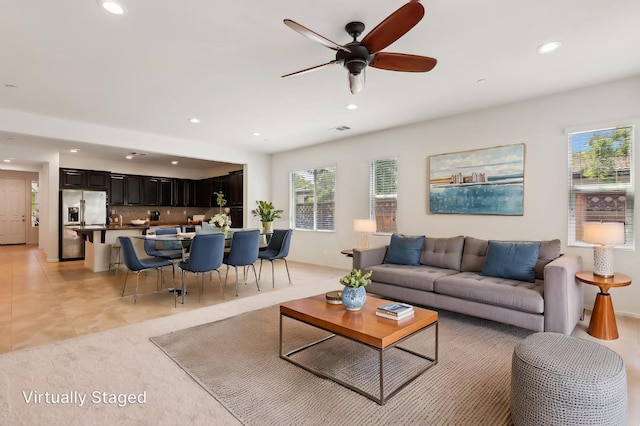 2032 Hunt St, Woodland, CA 95776 - living room with recessed lighting, plenty of natural light, a ceiling fan, and light tile patterned floors