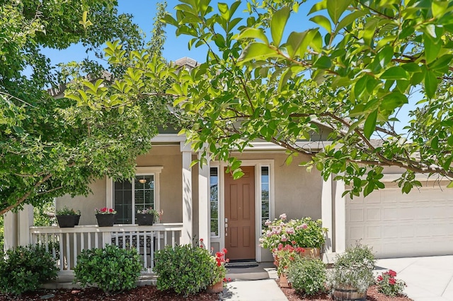 2032 Hunt St, Woodland, CA 95776 - property entrance featuring stucco siding, a porch, a garage, and concrete driveway
